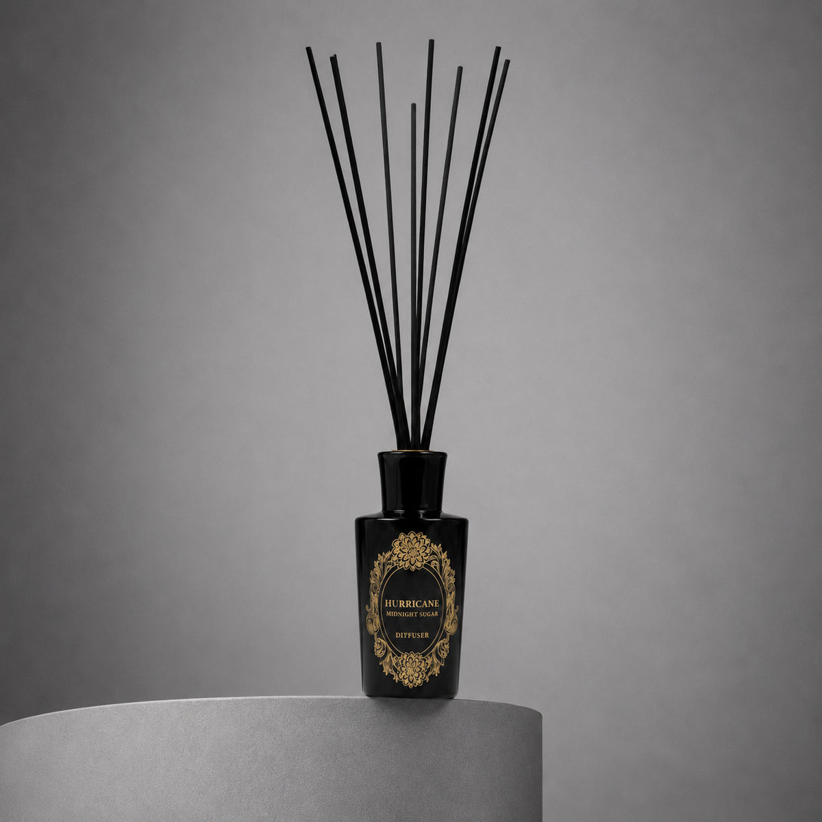 HURRICANE Midnight Sugar reed diffuser, the bottle with its reeds