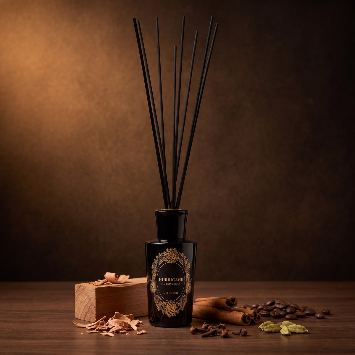 HURRICANE Muted Cedar reed diffuser: a black bottle with a gold oval label, black reeds and its notes around it.