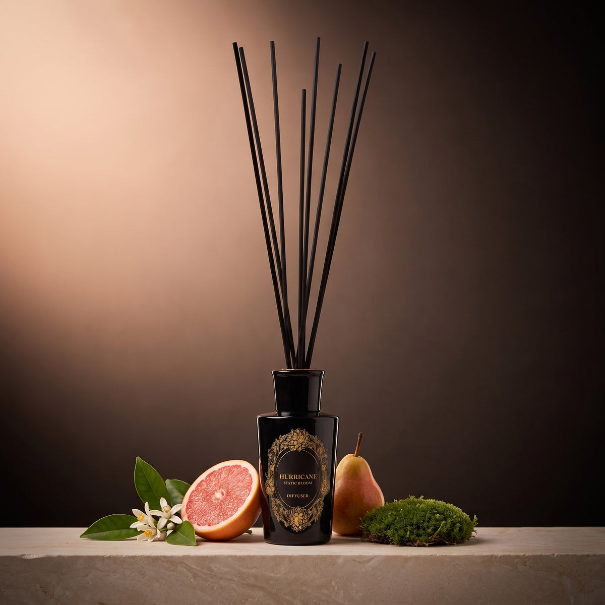 HURRICANE Static Bloom reed diffuser: a black bottle with a gold oval label, black reeds and its notes around it.