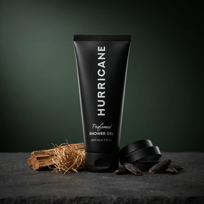 HURRICANE Black Shower perfumed shower gel standing among its notes.