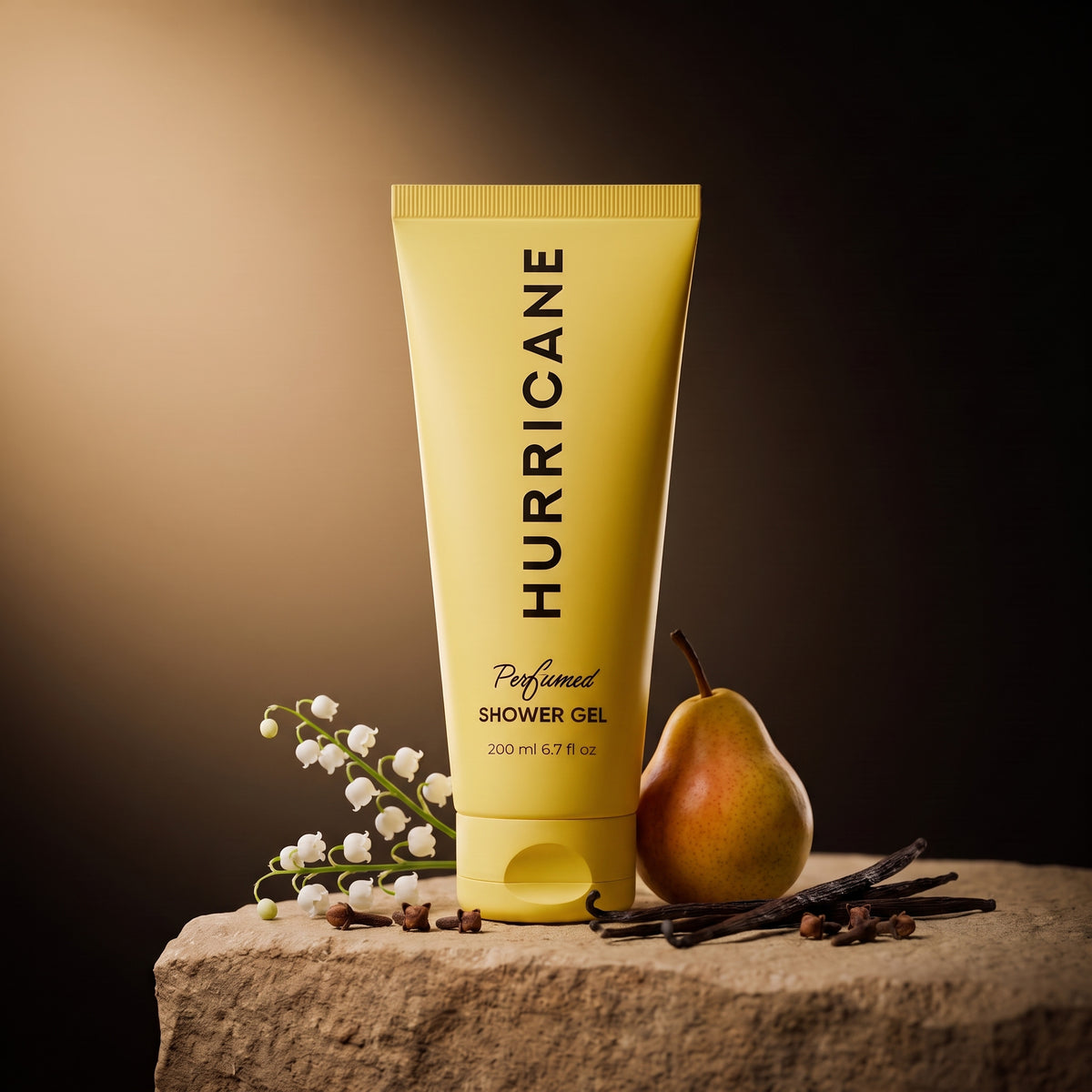 HURRICANE Yellow Shower perfumed shower gel standing among its notes.
